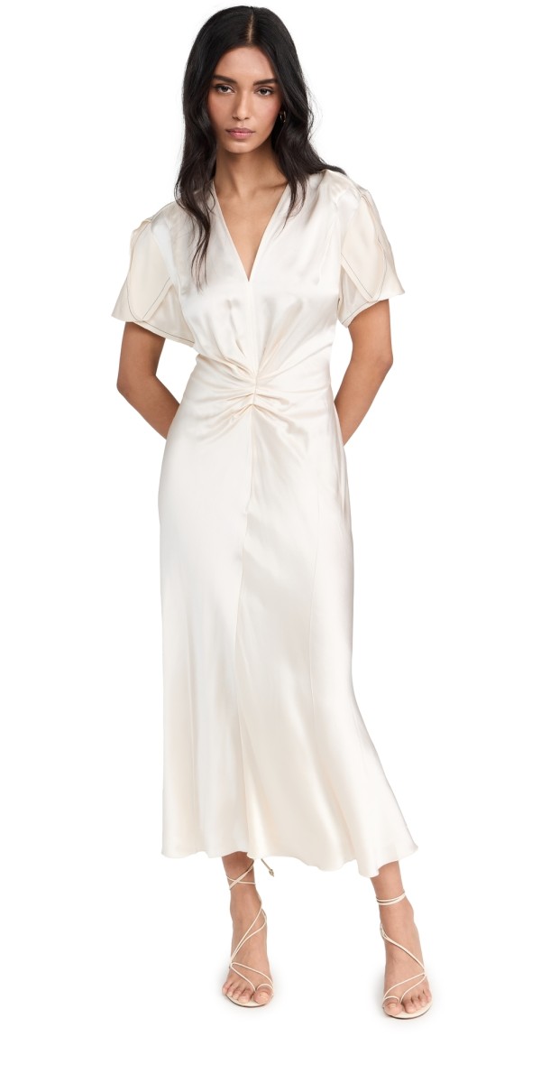 Victoria Beckham Gathered V Neck Midi Dress Ivory