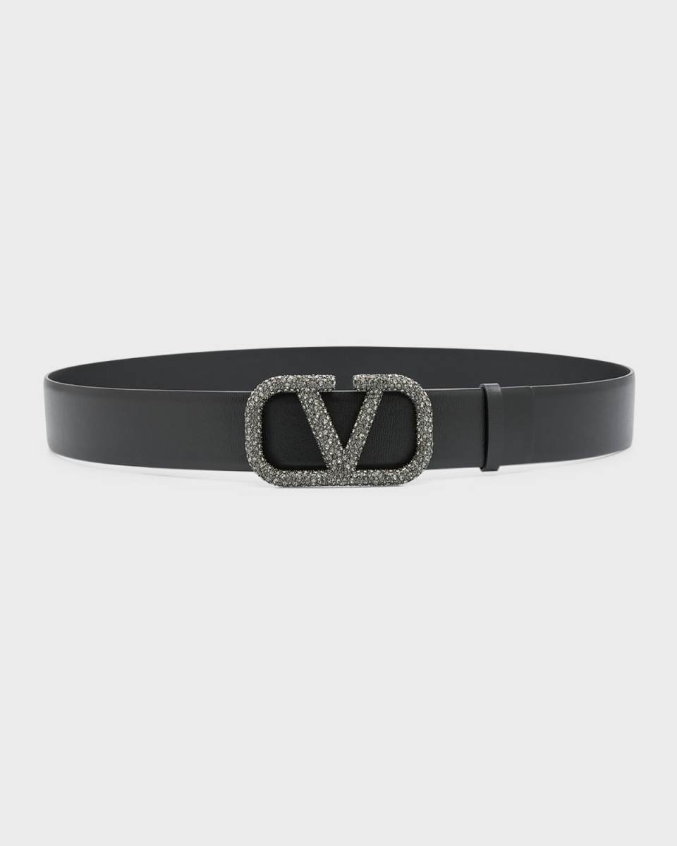 Embellished V-Logo Leather Belt