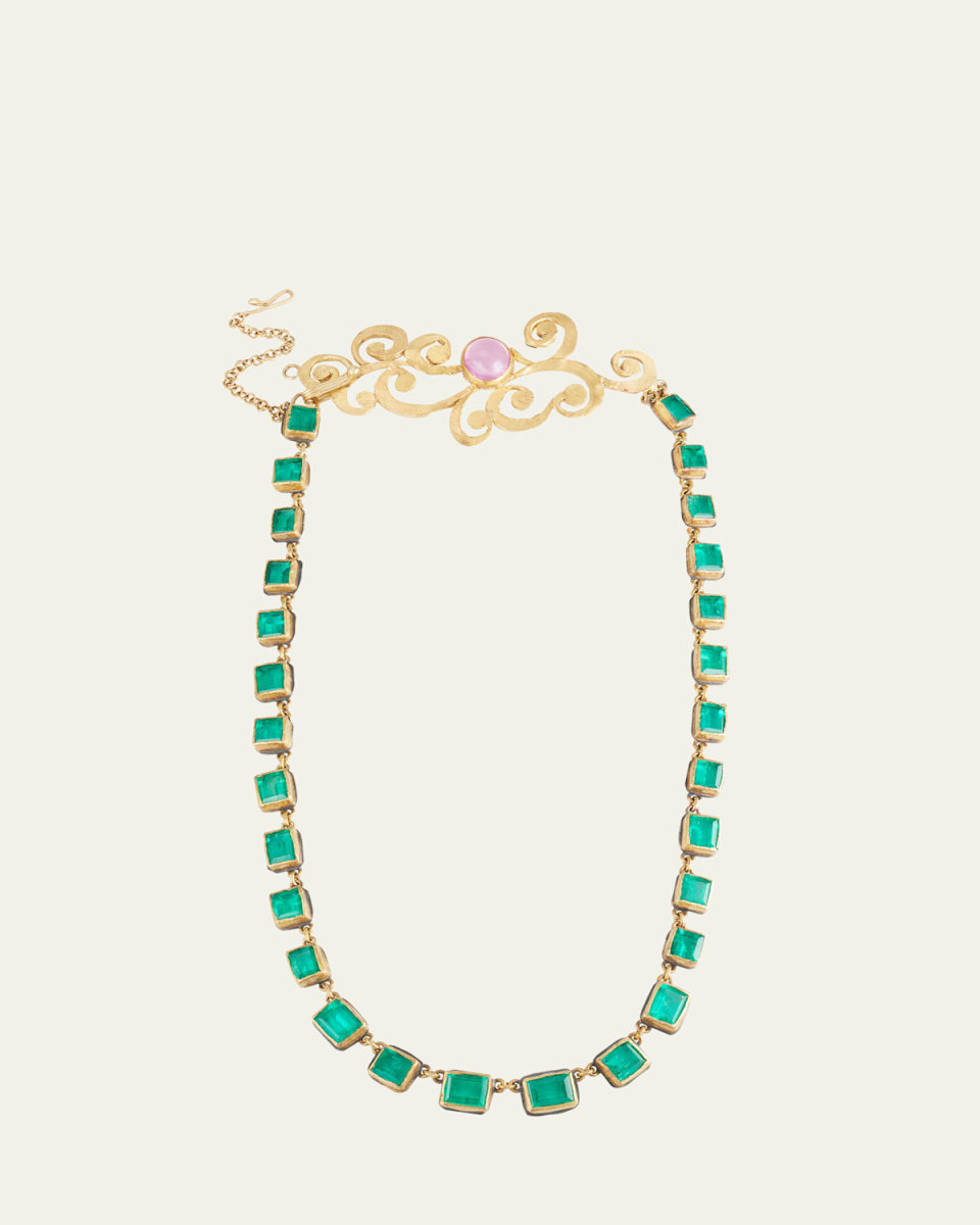 Yellow Gold Colombian Emerald and Pink Tourmaline Statement Necklace