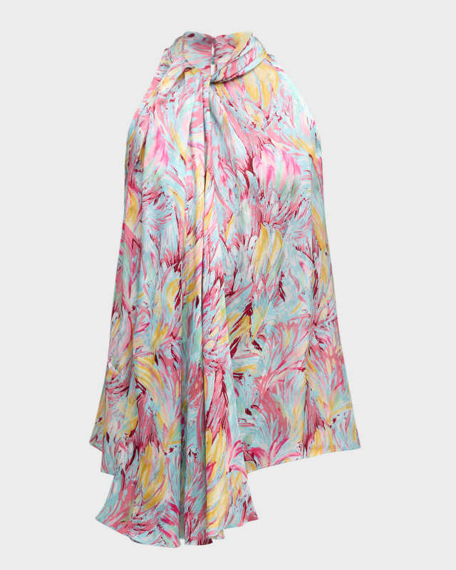 Lavalliere Feather Print Tie-Neck Top