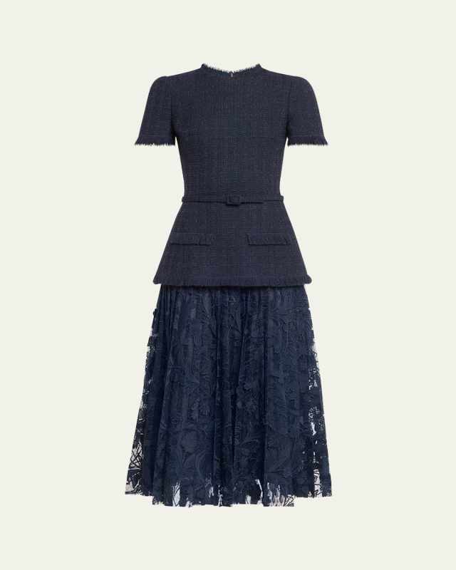 Short-Sleeve Tweed And Guipure Skirt Midi Dress With Self Belt