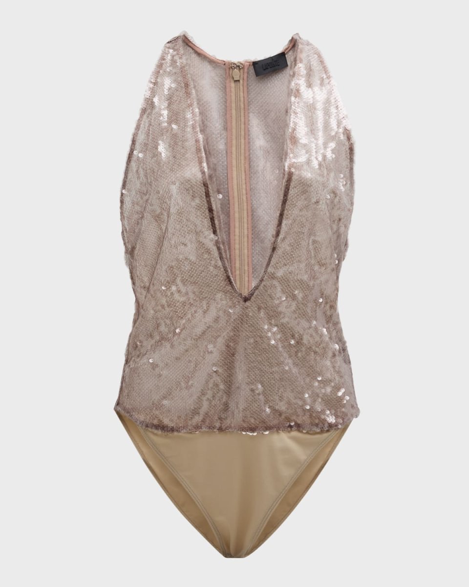 Sheer Sequined Plunge-Neck Bodysuit