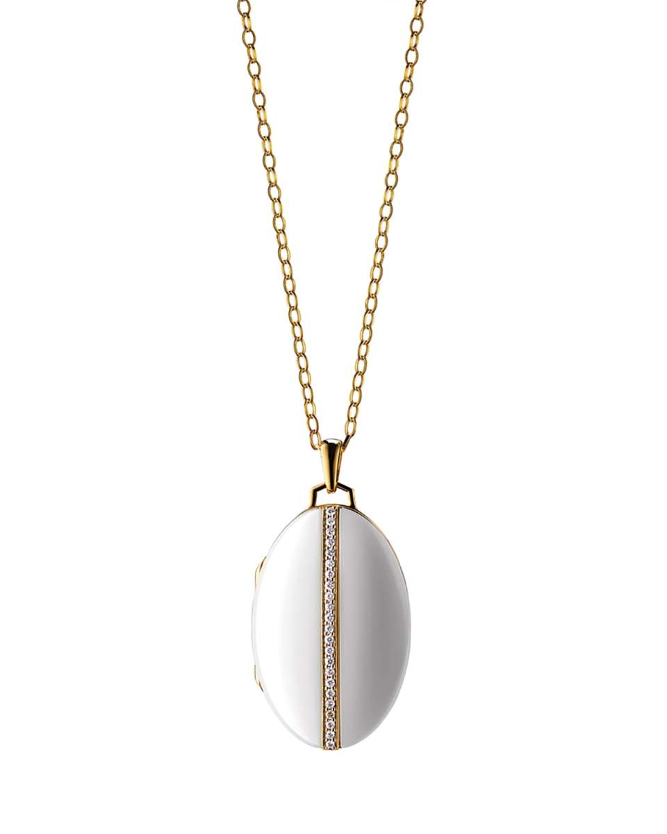 18K Yellow Gold and White Ceramic Oval Locket with Diamond Stripe