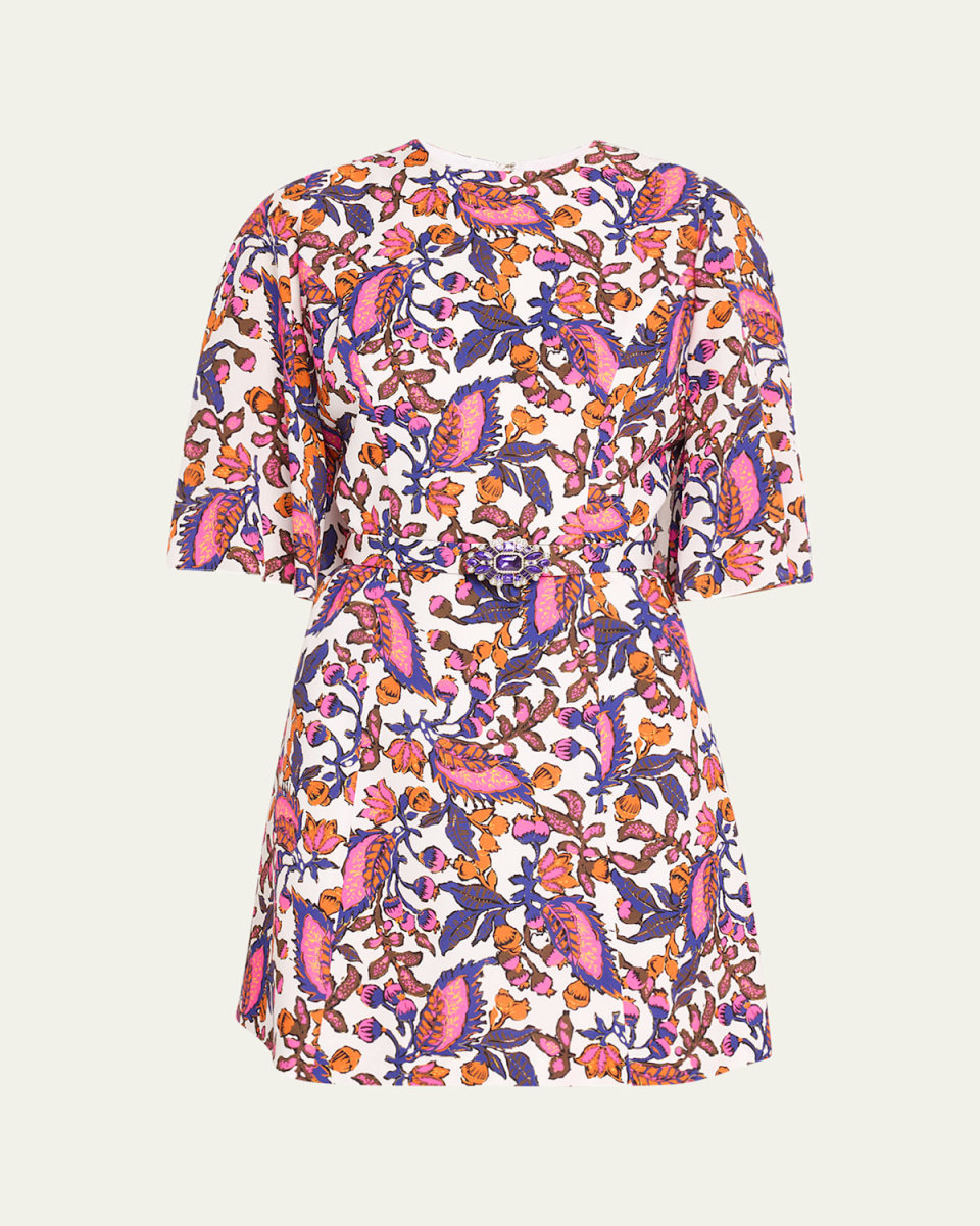 Leaf-Print Crystal Belted Cape-Sleeve Mini Silk Dress
