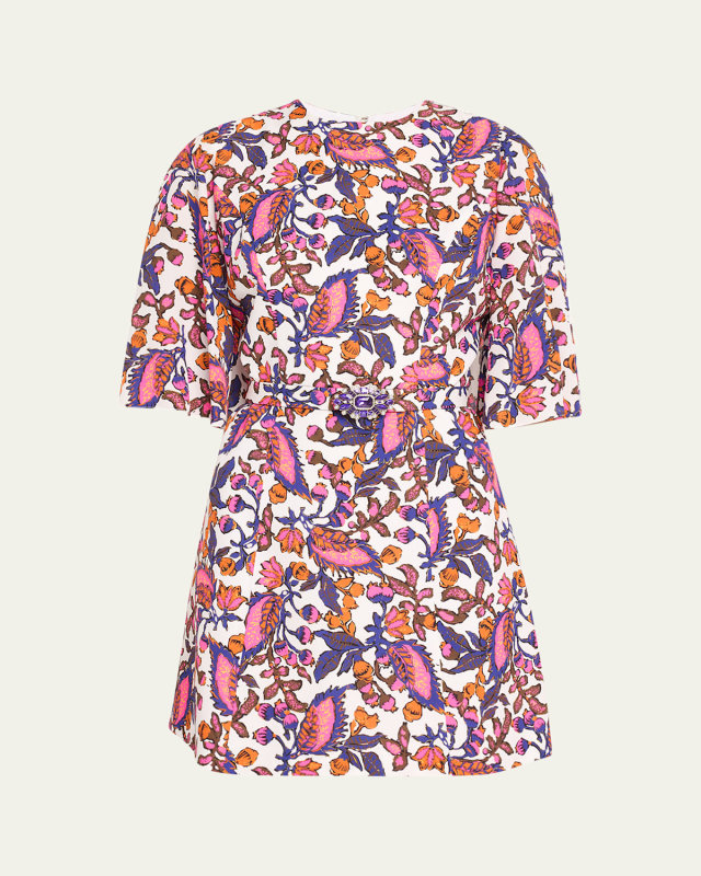 Leaf-Print Crystal Belted Cape-Sleeve Mini Silk Dress