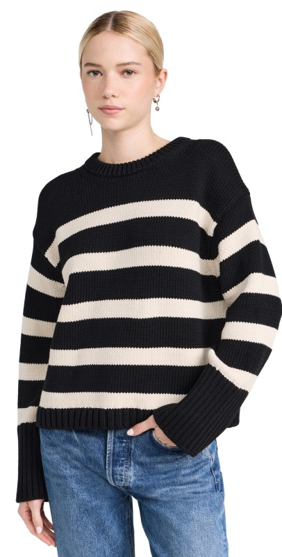 White + Warren Core Spun Cotton Striped Crewneck Black/Natural