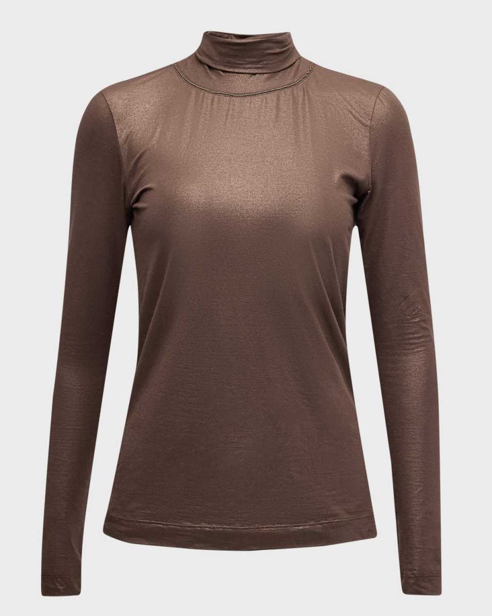Monili Turtleneck Lame Jersey Long-Sleeve Top
