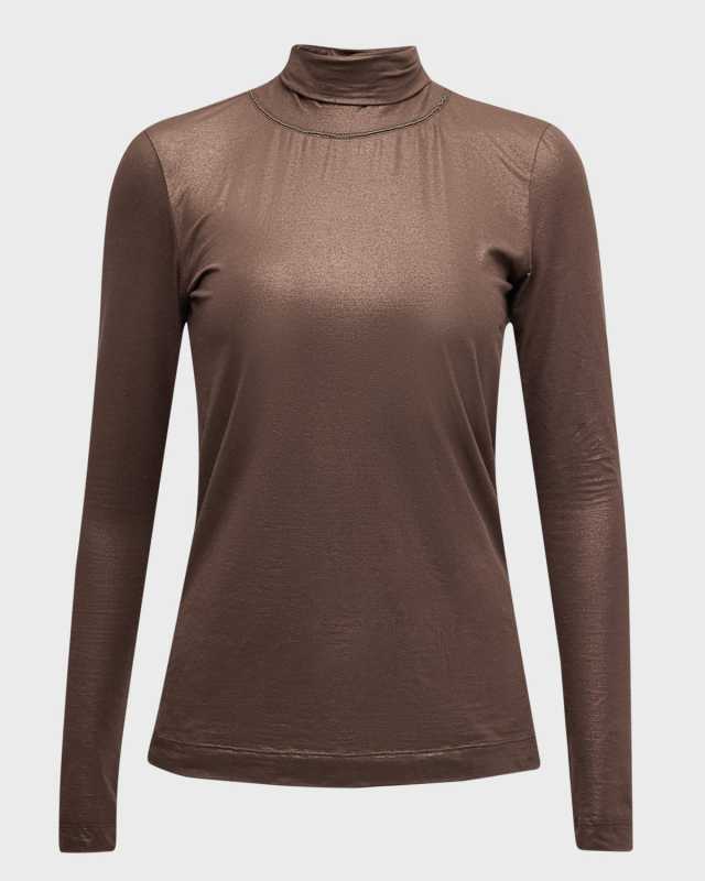 Monili Turtleneck Lame Jersey Long-Sleeve Top
