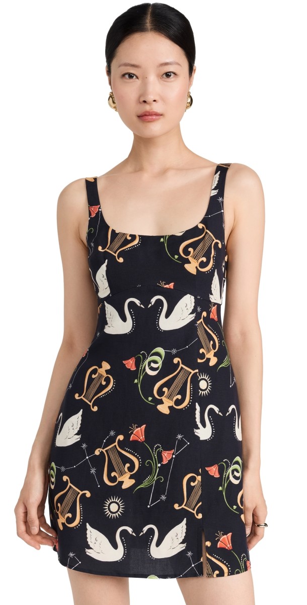 KITRI Connie Black Cygnus and Lyra Print Mini Dress Black Multi