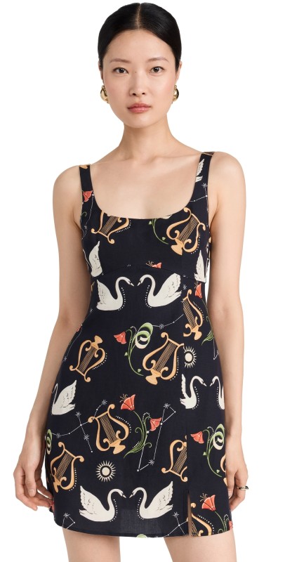 KITRI Connie Black Cygnus and Lyra Print Mini Dress Black Multi