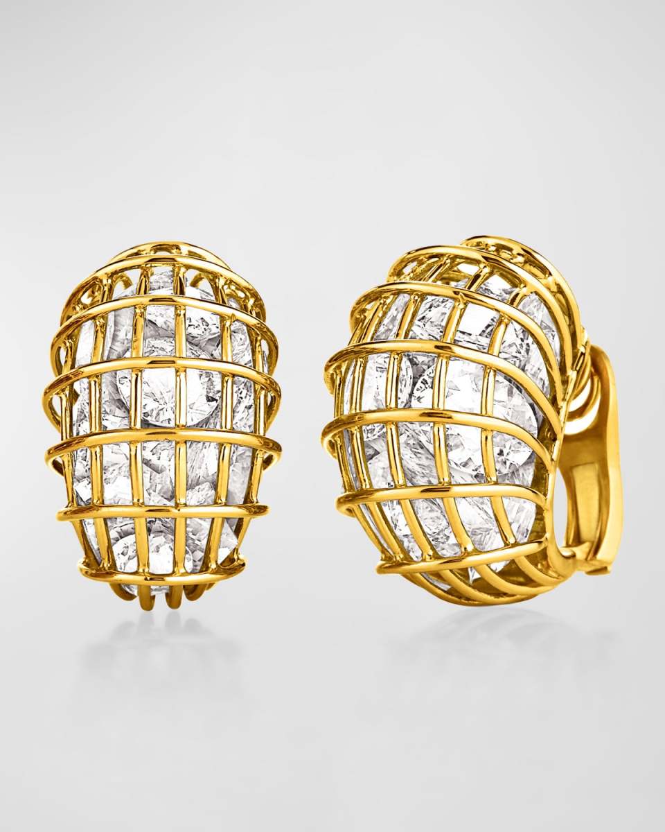 18K Yellow Gold Rock Crystal Caged Hoop Clip-On Earrings