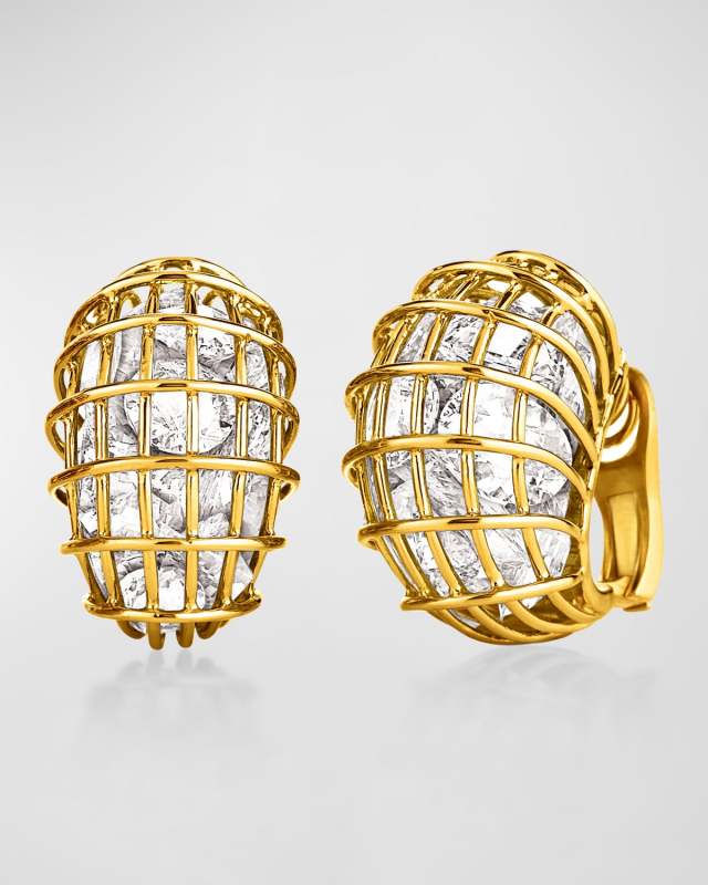 18K Yellow Gold Rock Crystal Caged Hoop Clip-On Earrings