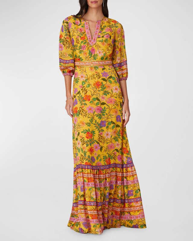 Floral-Print Metallic Fleck Maxi Dress