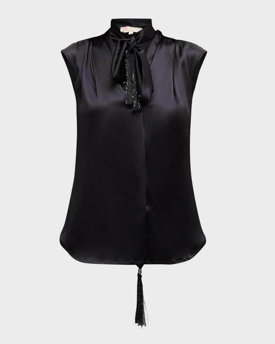 Fringe-Back Neck-Tie Silk Top