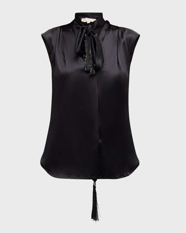 Fringe-Back Neck-Tie Silk Top