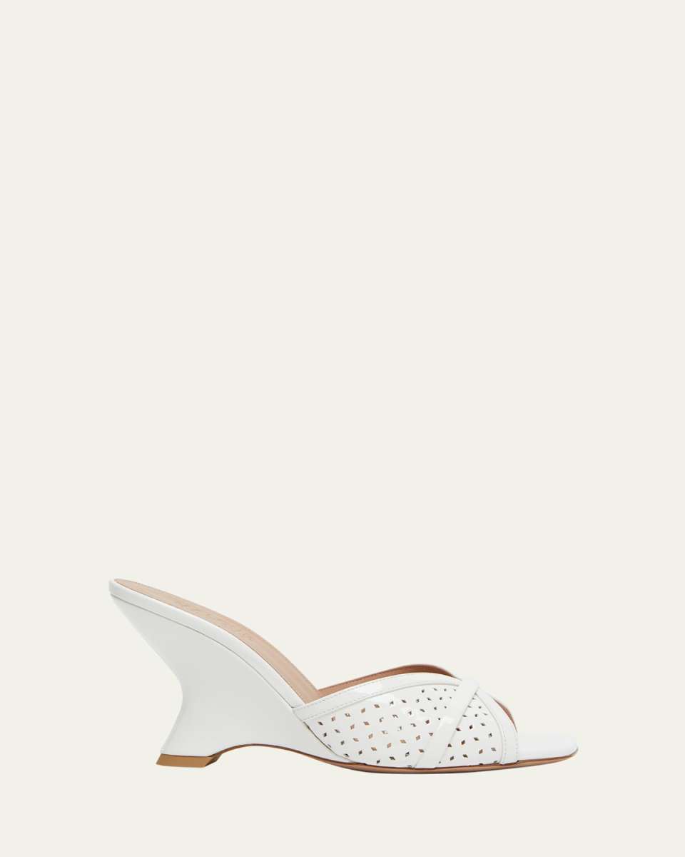 Perla Perforated Patent Wedge Slide Sandals
