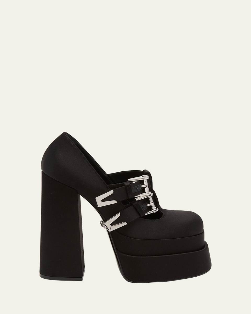 Satin Two-Buckle Platform Pumps