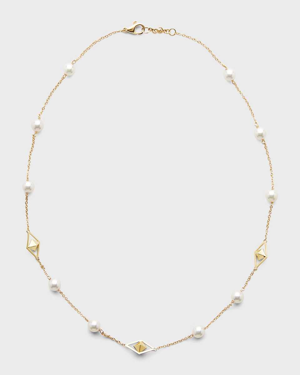 18K Yellow Gold 7mm White Akoya 10-Pearl and 3-Cube Necklace, 18"L