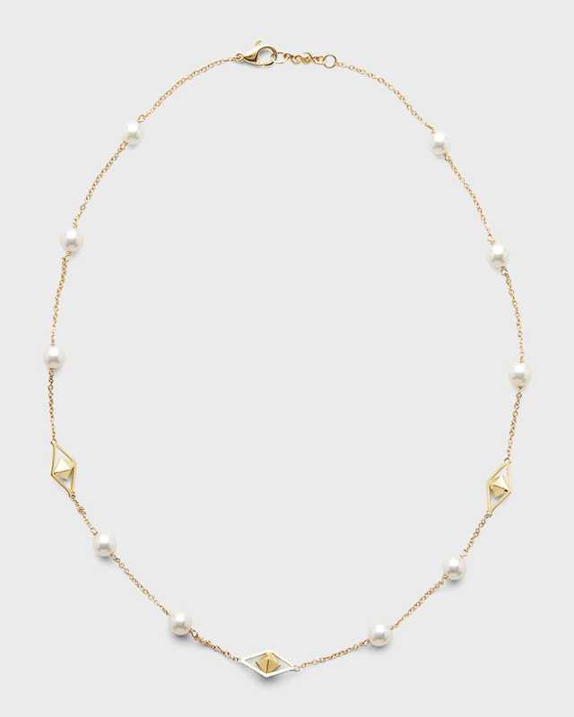 18K Yellow Gold 7mm White Akoya 10-Pearl and 3-Cube Necklace, 18"L