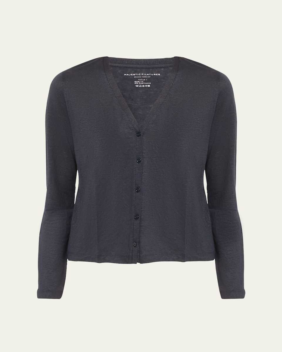 V-Neck Button-Down Long-Sleeve Stretch-Linen Cardigan