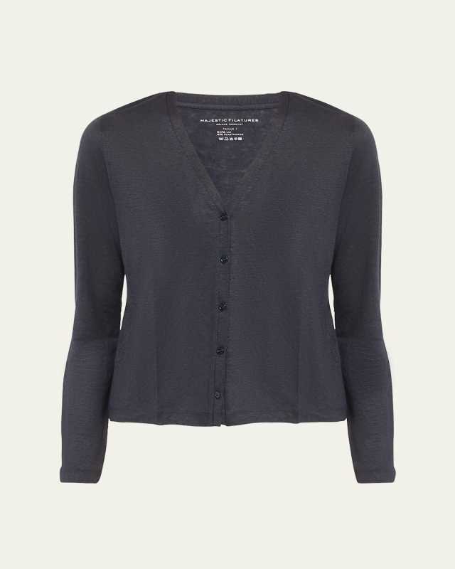 V-Neck Button-Down Long-Sleeve Stretch-Linen Cardigan