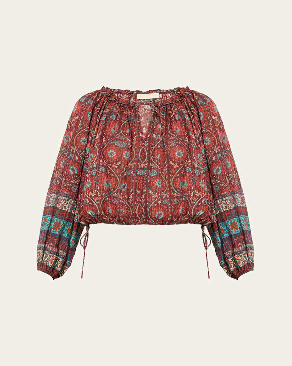 Silva Puff-Sleeve Split-Neck Peasant Blouse