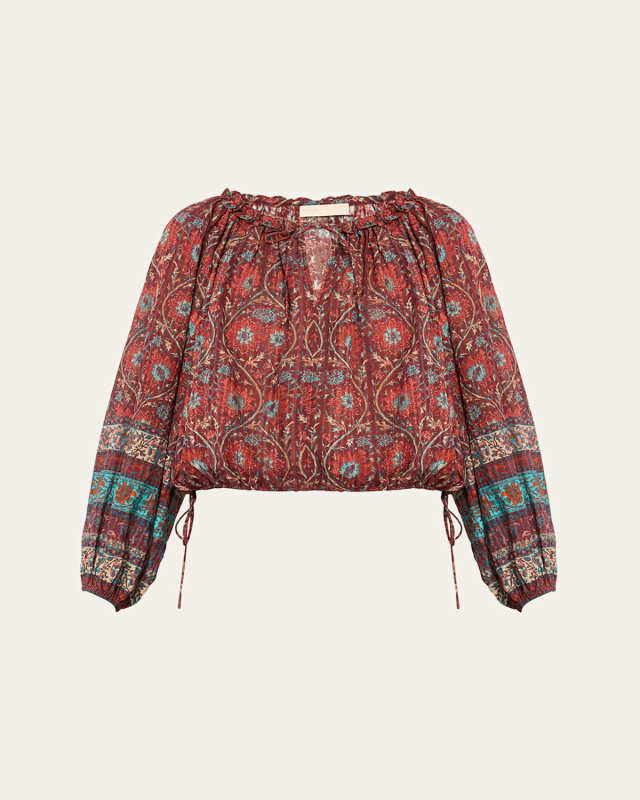 Silva Puff-Sleeve Split-Neck Peasant Blouse