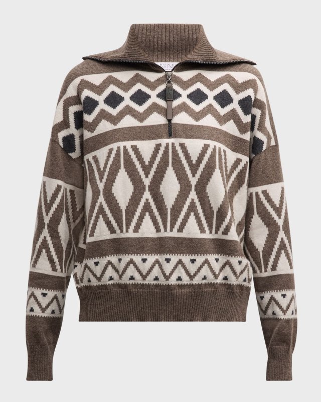Retro Fairisle Jacquard Cashmere Quarter-Zip Sweat