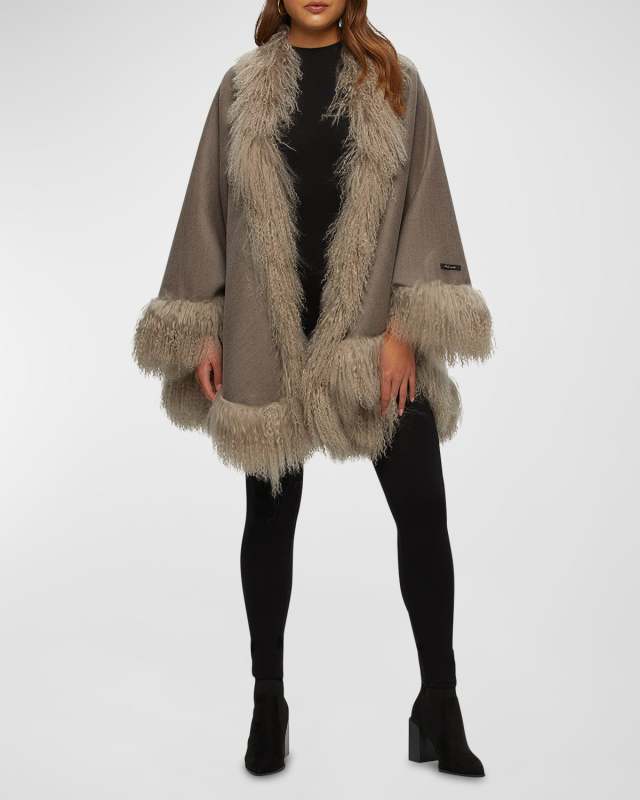Wool-Cashmere Cape With Mongolian Lamb Shearling Trim