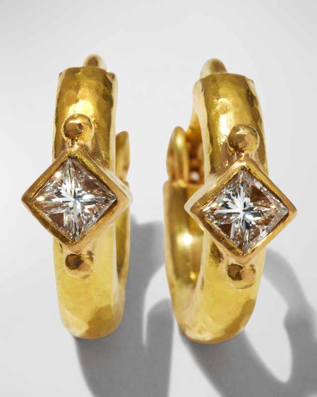 19K Baby Hammered Hoop Earrings with Princess Cut Diamonds