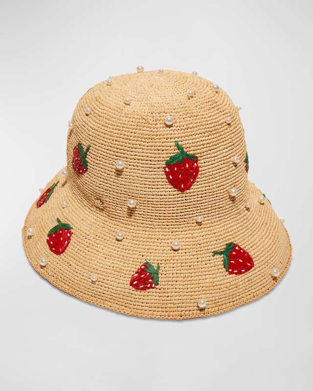 Strawberry Pearly Raffia Bucket Hat