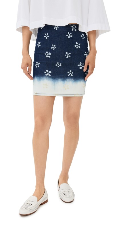 Marni Bleached Flower Printed Denim Skirt Blue/Black