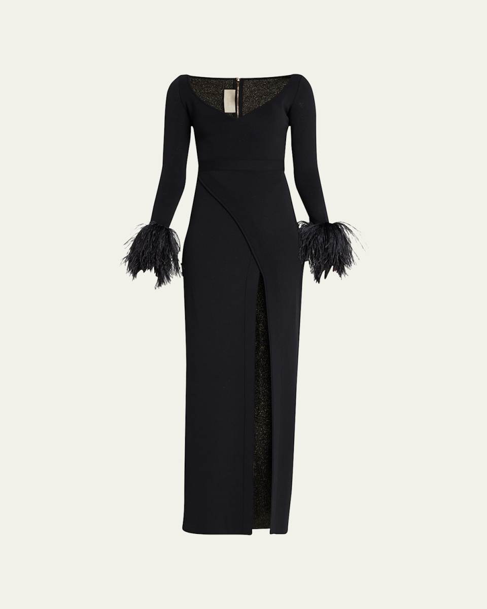 Feather-Cuff Knit Dress