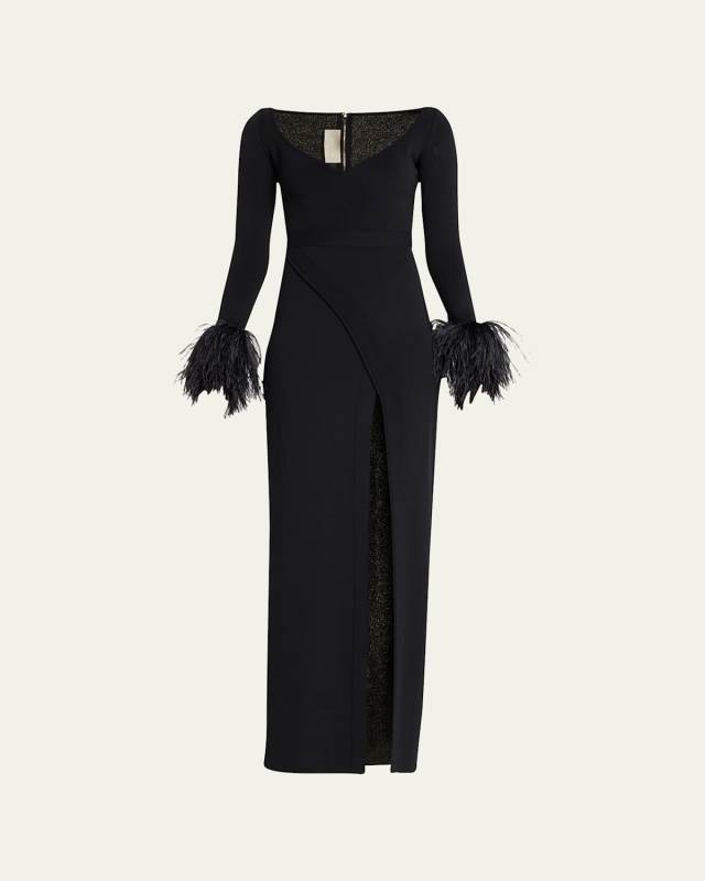 Feather-Cuff Knit Dress