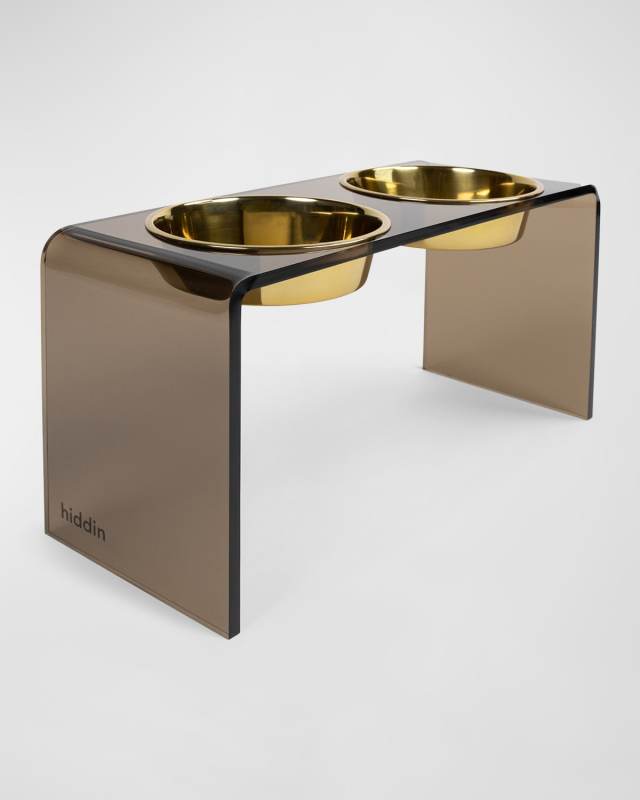 Large Bronze Double Bowl Pet Feeder - 2 Qt Golden Bowls