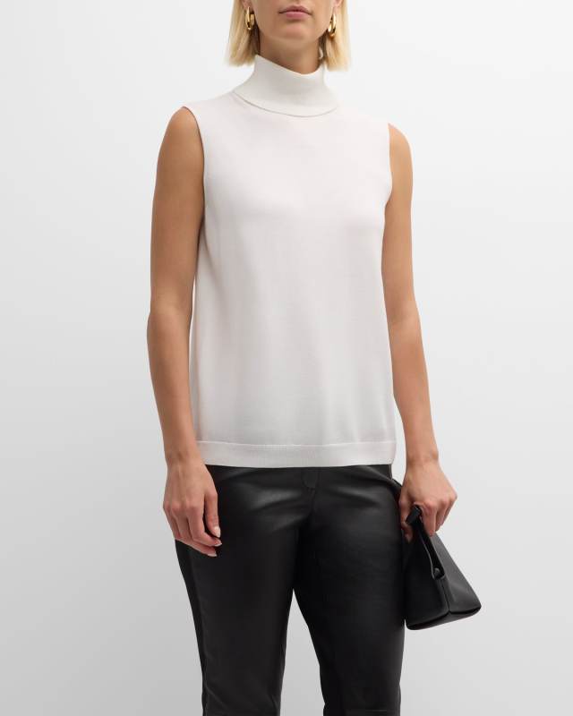 Sleeveless Matte Crepe Turtleneck Pullover