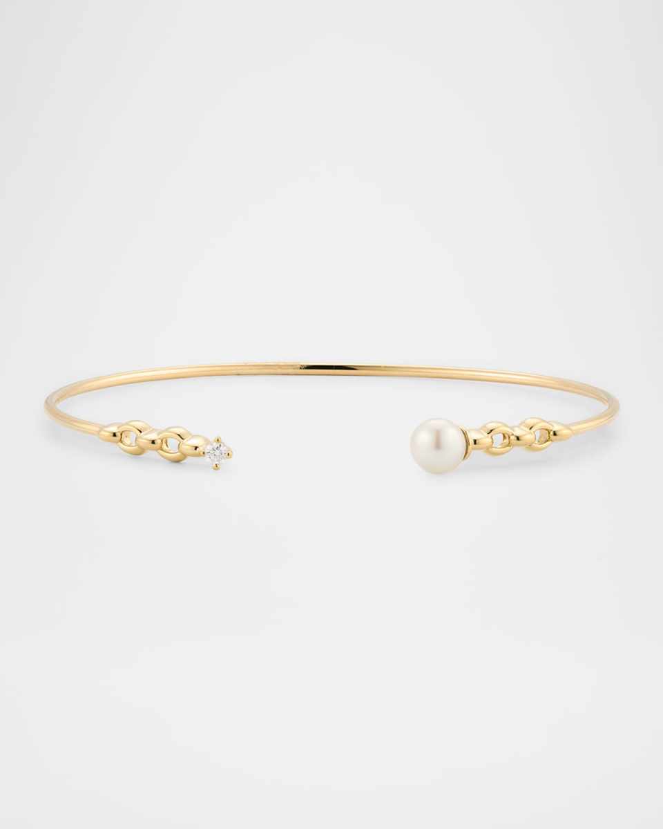 14K Yellow Gold Diamond and 5mm Freshwater Pearl Bangle Bracelet