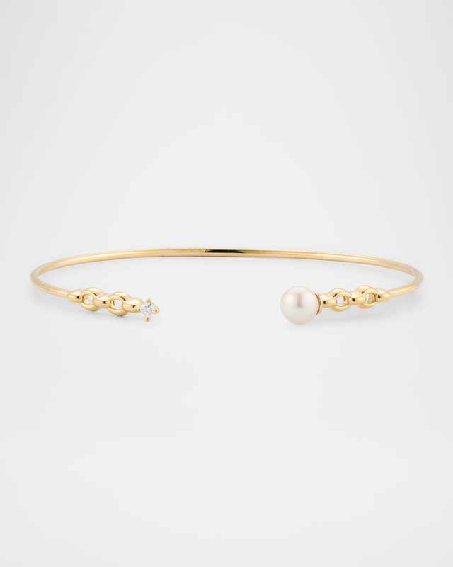 14K Yellow Gold Diamond and 5mm Freshwater Pearl Bangle Bracelet