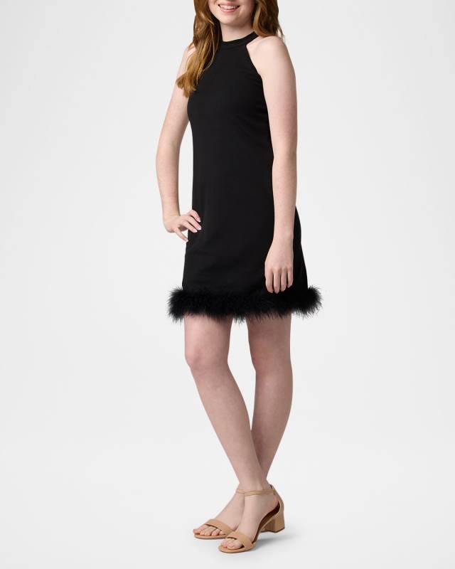 Girl's Halter Faux Feather Trim Dress, Size 7-16