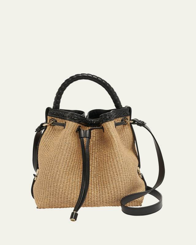 Marcie Drawstring Bucket Bag in Raffia and Leather