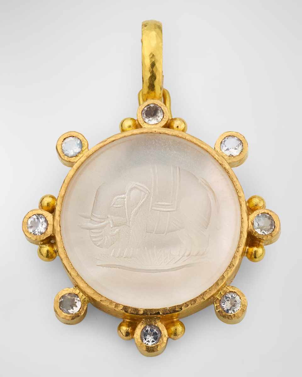 19K Elephant Rock Crystal Intaglio Pendant with Moonstones