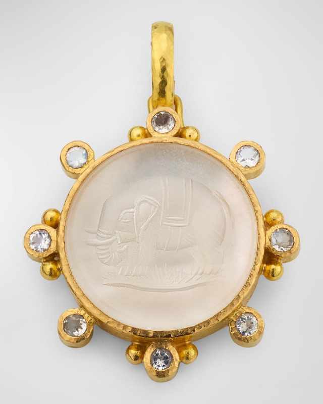 19K Elephant Rock Crystal Intaglio Pendant with Moonstones