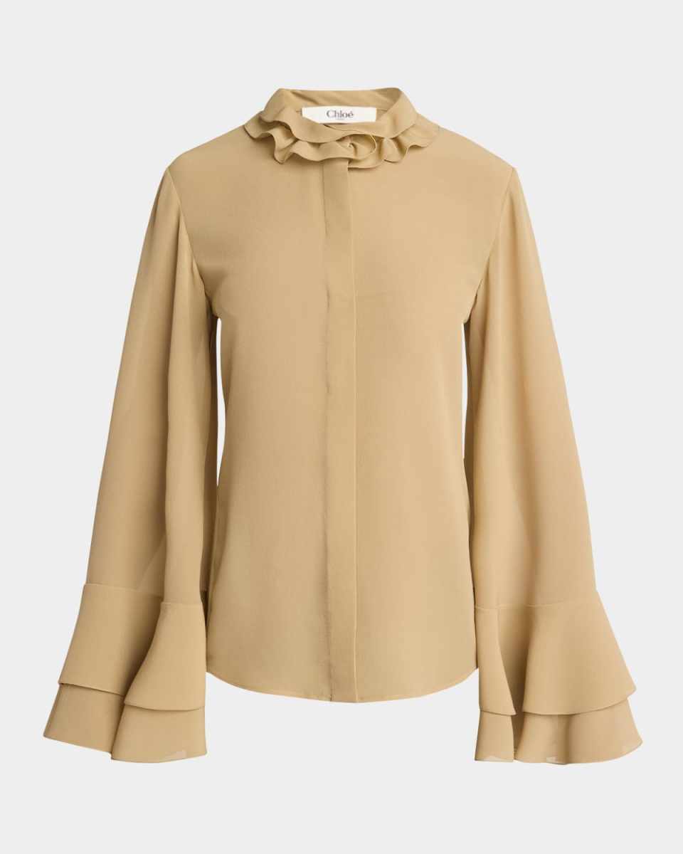 Tiered Ruffle Button-Down Silk Top