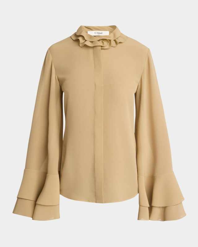 Tiered Ruffle Button-Down Silk Top