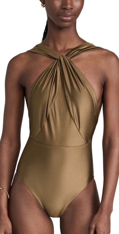 Zimmermann Ottie High Neck Draped One Piece Olive