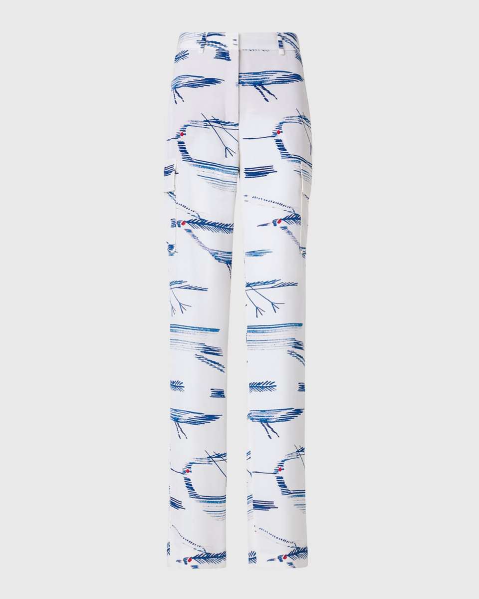 Mel Kasuri Birds-Print Straight-Leg Silk Crepe Cargo Pants