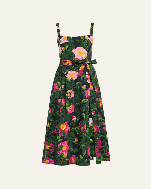 Camellias-Print Belted Slit-Hem Poplin Midi Dress