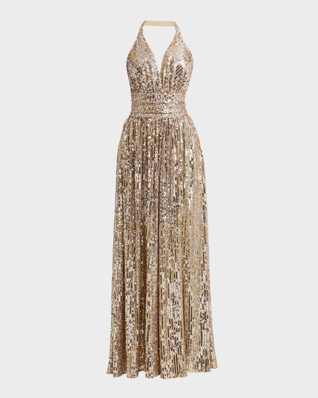 Sequined Halter Thigh-Slit Gown