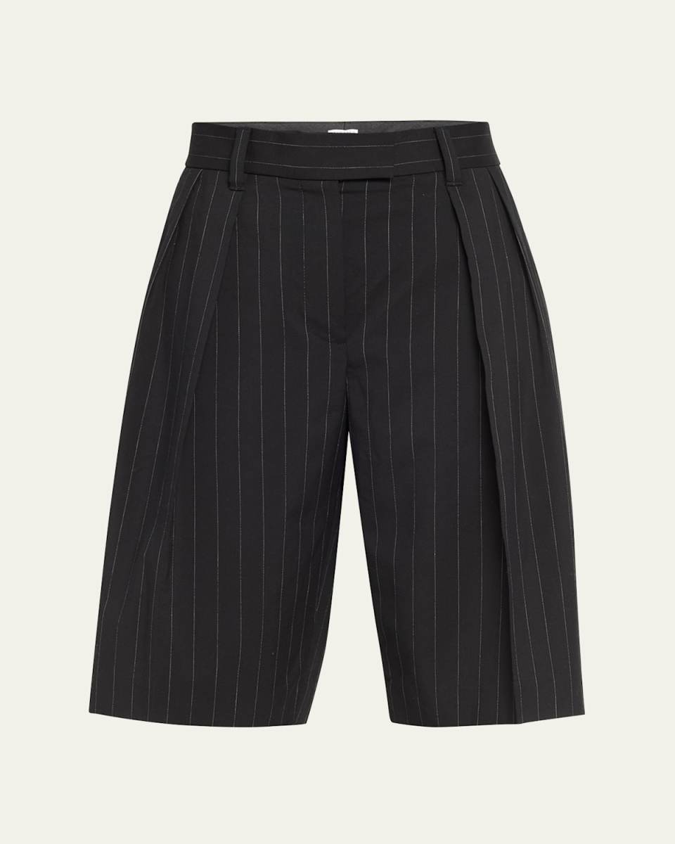 Pleated Pinstripe Wool Bermuda Shorts
