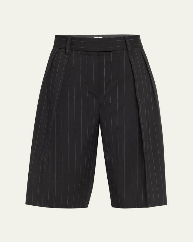Pleated Pinstripe Wool Bermuda Shorts